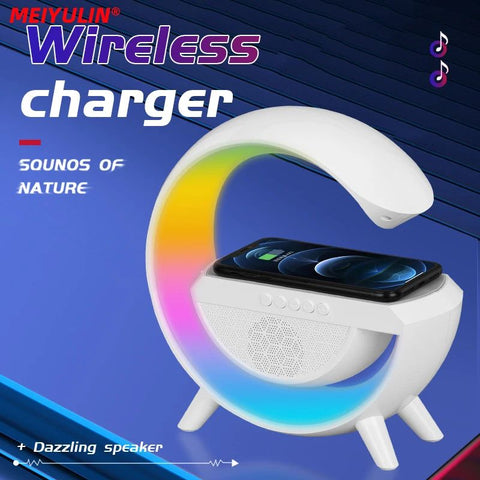 G Lamp Smart Bluetooth Speaker Wireless Fast Charger Station LED RGB Desk Light Support TF Card AUX for iPhone 14/13 Samsung Powerbank